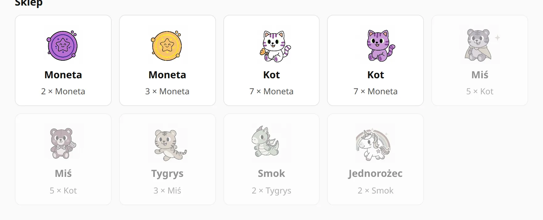 Siatka sklepu: monety, koty, miś, tygrys, smok i jednorożec, każdy z ceną.