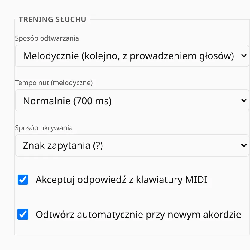 Ustawienia treningu słuchu: sposób odtwarzania, tempo dźwięków, sposób ukrywania, odpowiedzi z MIDI, autoodtwarzanie.