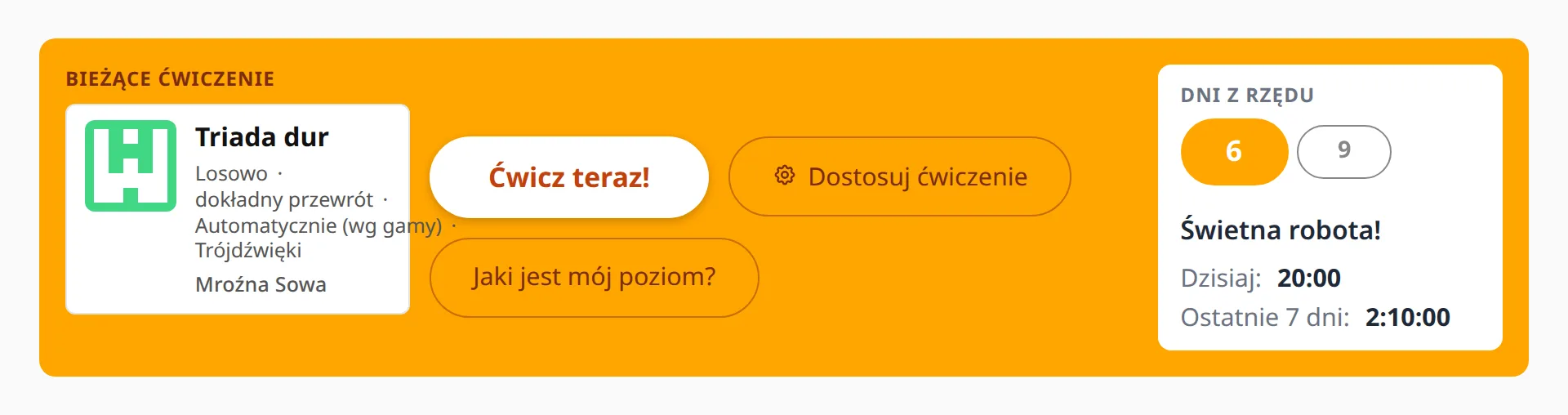 Pasek na Panelu z bieżącym ćwiczeniem, przyciskiem rozpoczęcia ćwiczenia i kartą serii z dzisiejszymi minutami.