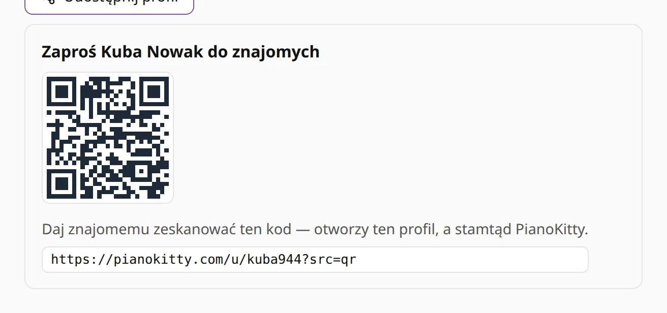 Panel udostępniania profilu: „Zaproś do znajomych”, kod QR i adres profilu.