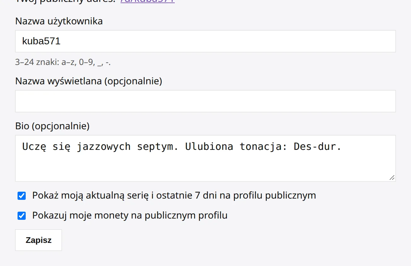 Ustawienia profilu: nazwa użytkownika, nazwa wyświetlana, bio i dwa zaznaczone pola — pokaż serię i ostatnie 7 dni, pokaż monety.