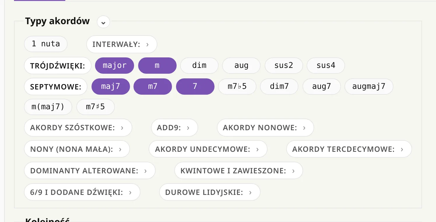 Wybór rodzajów akordów: zaznaczone major, m, maj7, m7 i 7.