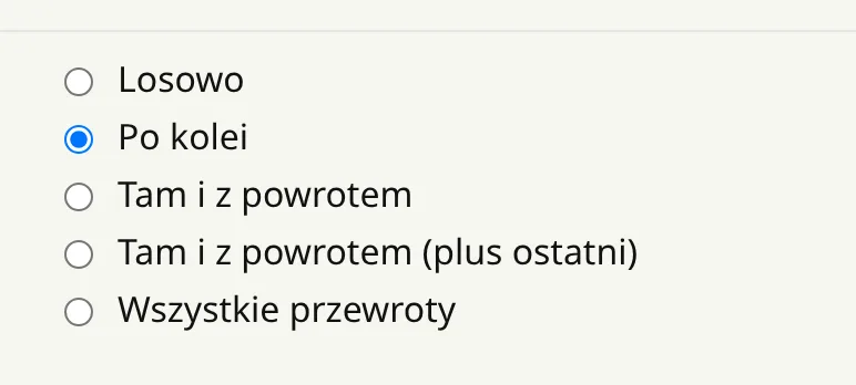 Ustawienie kolejności: po kolei, w górę i w dół, kołem kwintowym, chromatycznie.