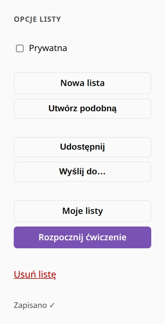 Opcje listy: odznaczone Prywatna, Nowa lista, Utwórz podobną, Udostępnij, Wyślij do…, Moje listy i Rozpocznij ćwiczenie.