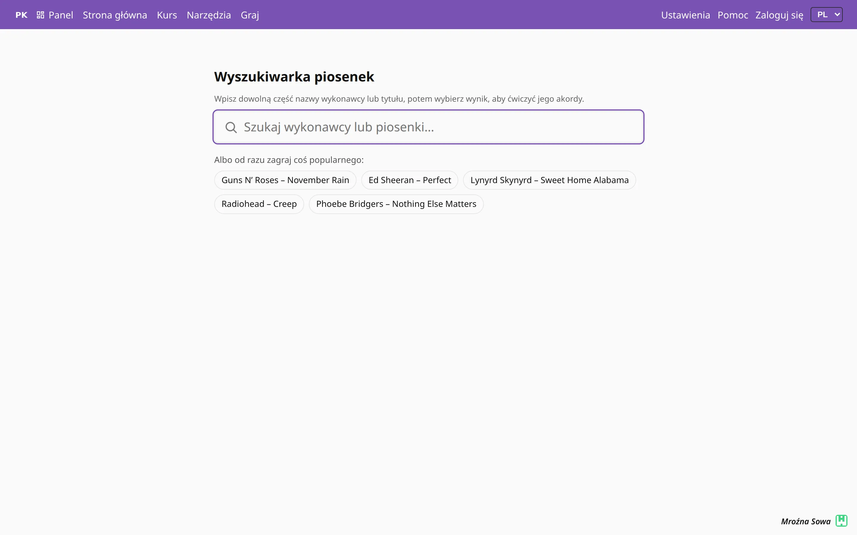 Strona wyszukiwarki piosenek z polem wyszukiwania i paskiem popularnych piosenek.