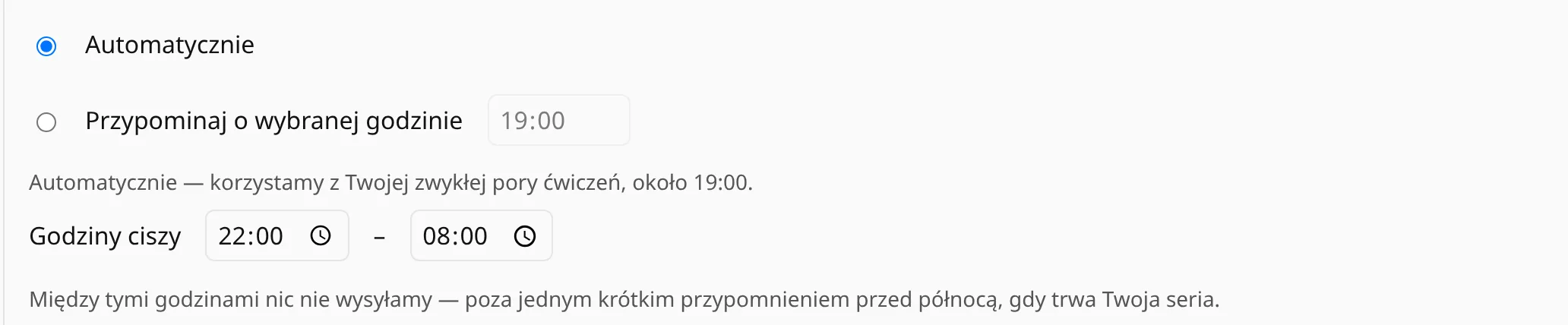 Pora przypomnień: automatyczna albo ustalona godzina, z ciszą nocną.