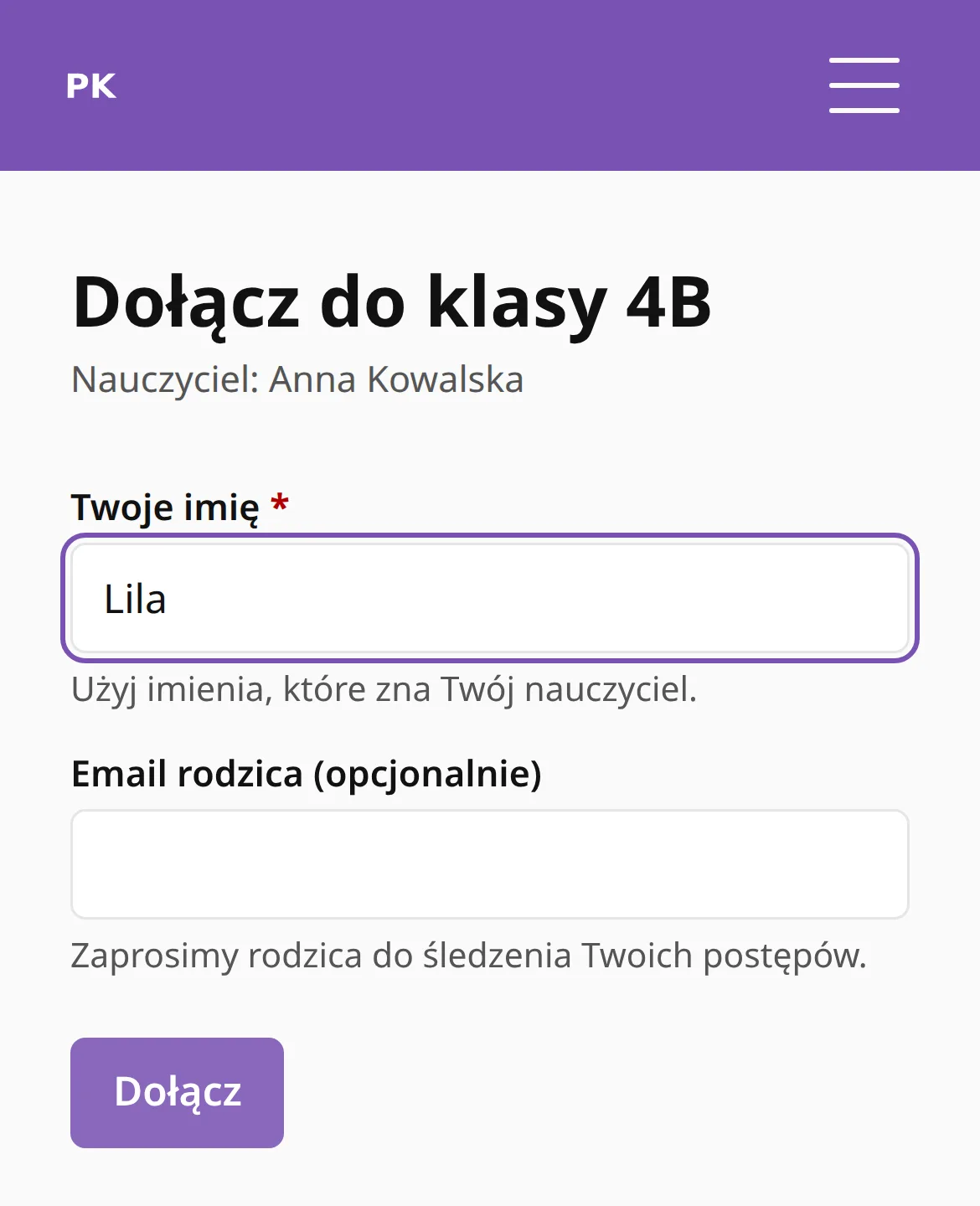 Strona dołączania na telefonie: nazwa klasy, nauczyciel, pole na imię, opcjonalny email rodzica i przycisk Dołącz.