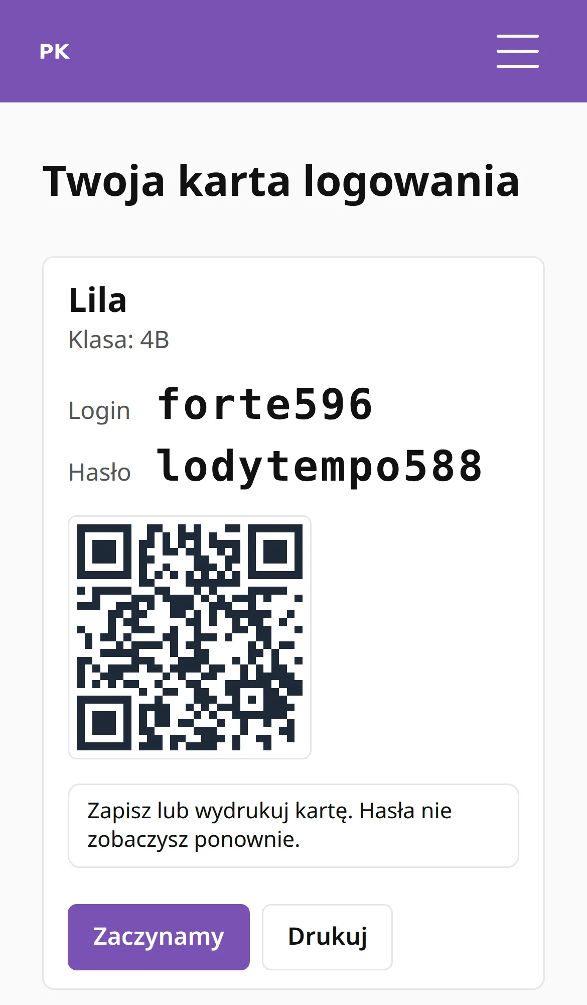 Karta logowania: imię ucznia, klasa, login, hasło, kod QR oraz przyciski Kontynuuj i Drukuj.