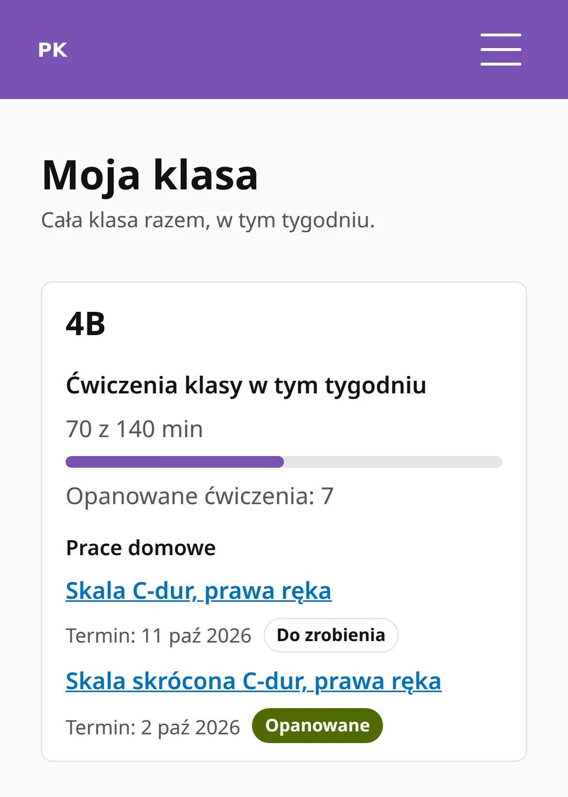 Strona Moja klasa na telefonie: minuty klasy na tle celu, opanowane ćwiczenia i prace domowe ucznia ze statusami.