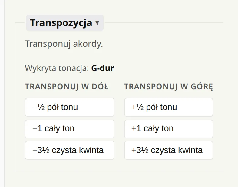 Panel transpozycji: wykryta tonacja i sześć przycisków — pół tonu, cały ton i kwinta, każde w górę i w dół.