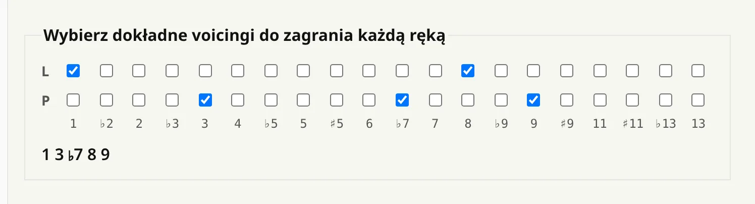 Siatka ninja: dwa wiersze pól nad dwudziestoma stopniami od 1 do 13, zaznaczone 1 i 8 w lewej oraz 3, ♭7 i 9 w prawej.