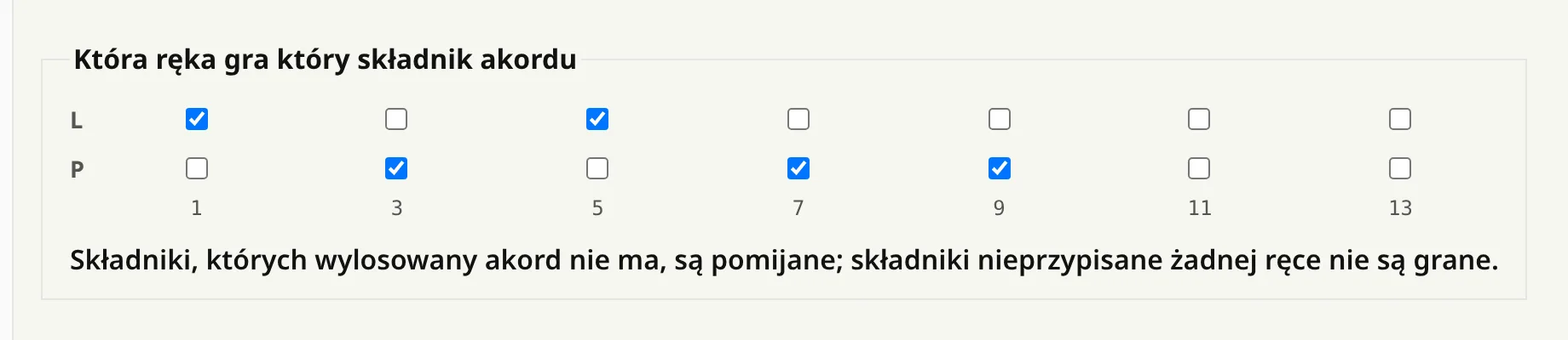 Siatka konkretnego układu: dwa wiersze rąk nad składnikami 1, 3, 5, 7, 9, 11, 13.