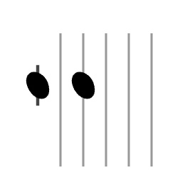 A fifth on the vertical staff: two note heads with one line between them.