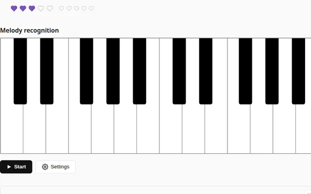 The Listen and repeat game: hearts for lives, an on-screen keyboard and the Start button.