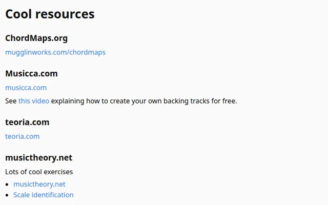 The resources page: a list of external sites and apps, each with a link.