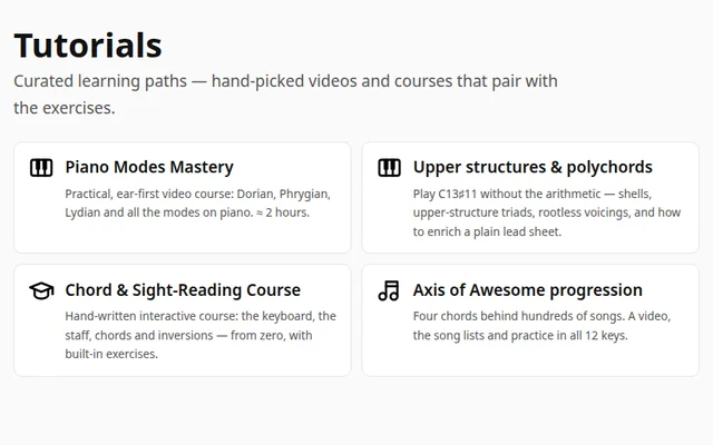 The tutorials page: a heading and cards for the modes course, upper structures, the notation course and the Axis of Awesome progression.