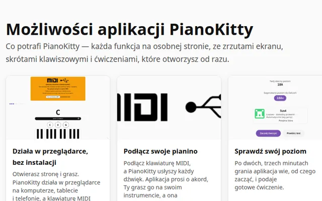 Strona z funkcjami: siatka kart, każda ze zrzutem ekranu i krótkim opisem.