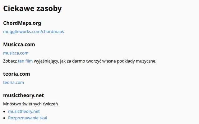 Strona z zasobami: lista zewnętrznych stron i aplikacji, każda z linkiem.