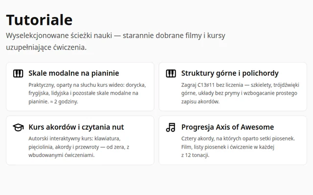 Strona z tutorialami: nagłówek i karty kursu skal modalnych, struktur górnych, kursu nut oraz progresji Axis of Awesome.
